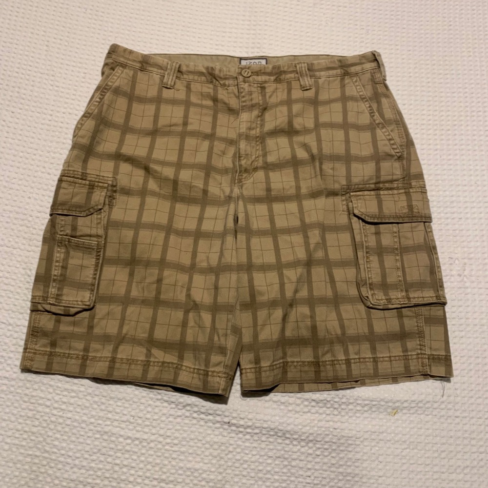 IZOD Mens Tan Brown Grid Plaid Cotton Cargo Shorts Size 40 Hiking Outdoor